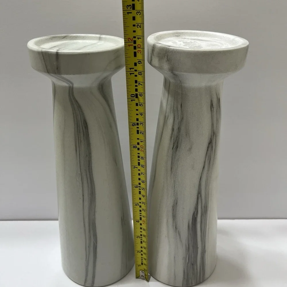 Ceramic Pillar Candle Holders Marble Look Gray White Swirl 12